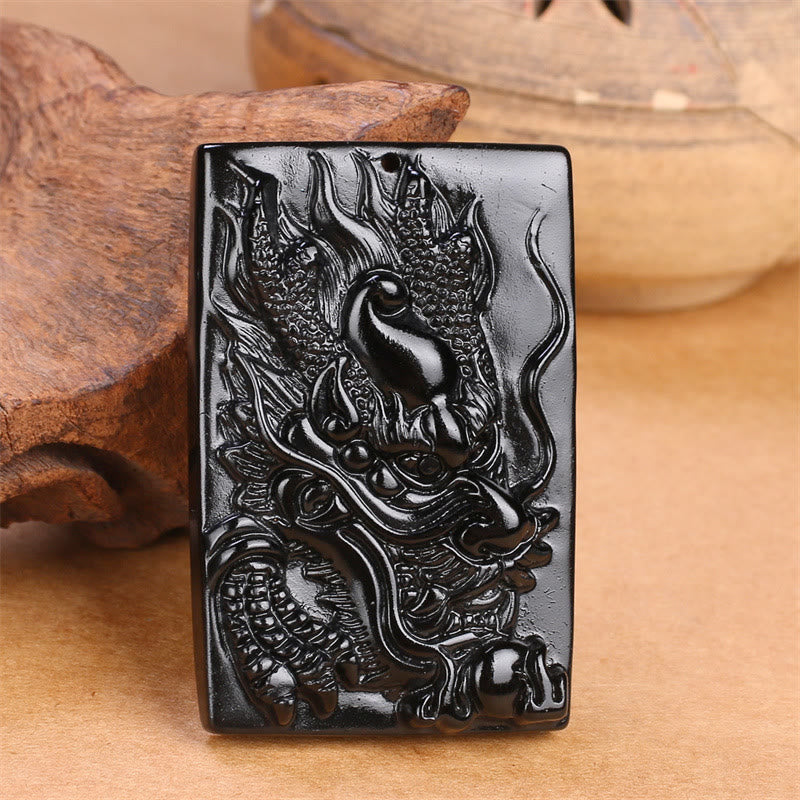 Natural Black Obsidian Rectangular Dragon Engraved Success Necklace Pendant