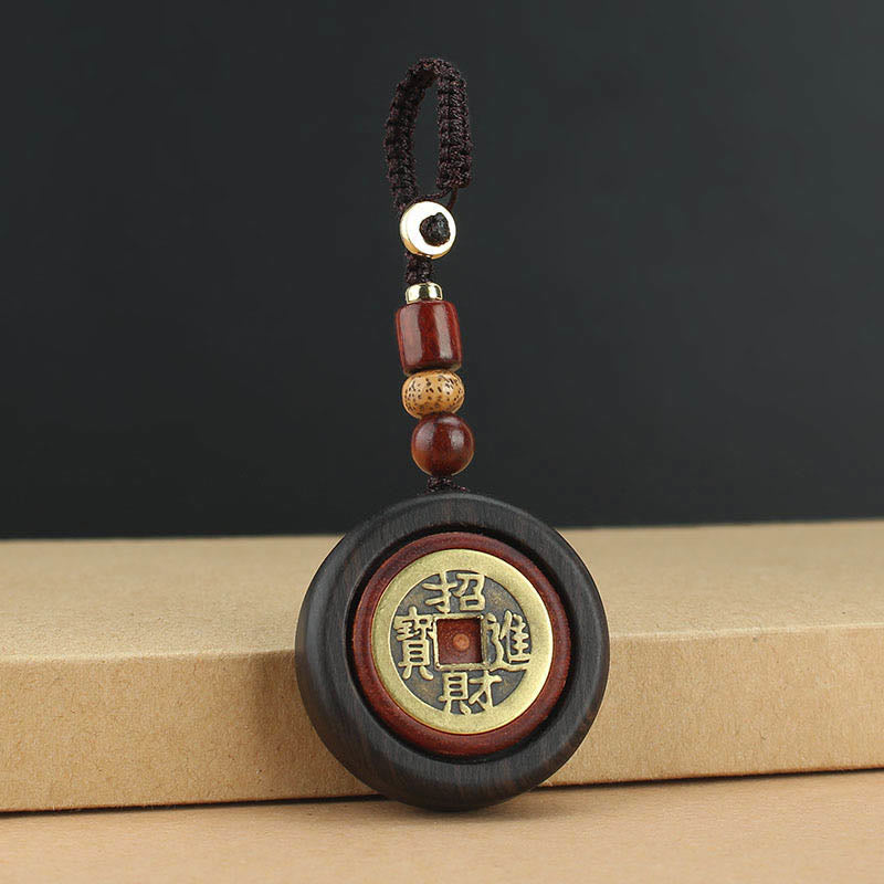 Copper Coin Attract Wealth Ebony Wood Red Sandalwood Luck Key Chain Decoration