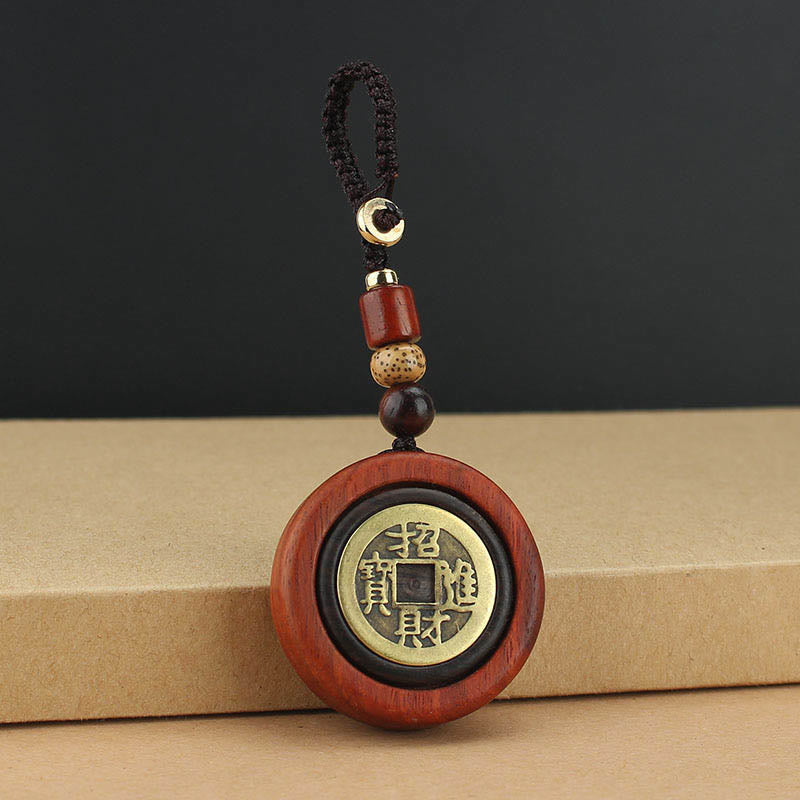 Copper Coin Attract Wealth Ebony Wood Red Sandalwood Luck Key Chain Decoration