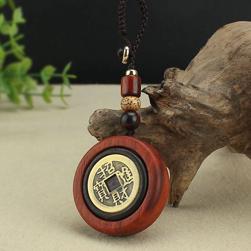 Copper Coin Attract Wealth Ebony Wood Red Sandalwood Luck Key Chain Decoration