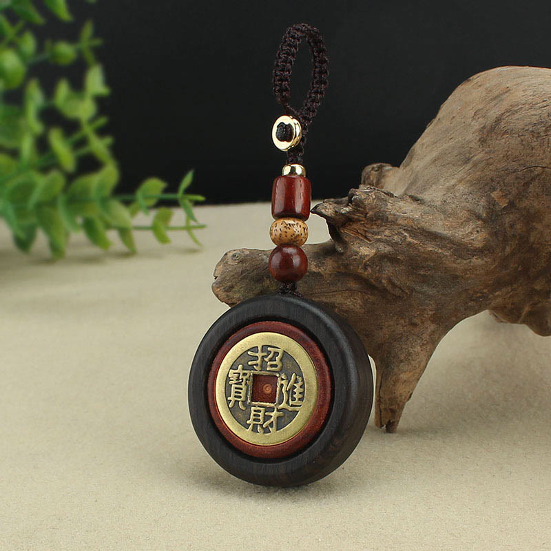 Copper Coin Attract Wealth Ebony Wood Red Sandalwood Luck Key Chain Decoration