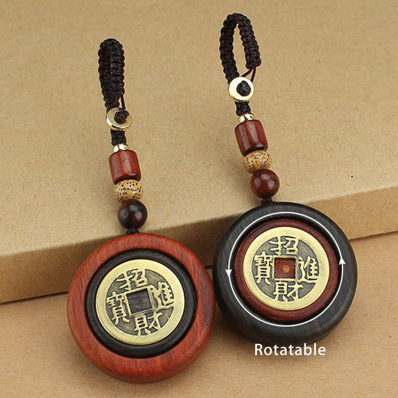 Copper Coin Attract Wealth Ebony Wood Red Sandalwood Luck Key Chain Decoration