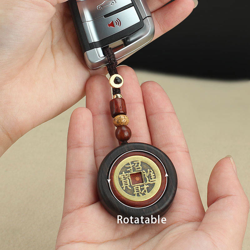Copper Coin Attract Wealth Ebony Wood Red Sandalwood Luck Key Chain Decoration