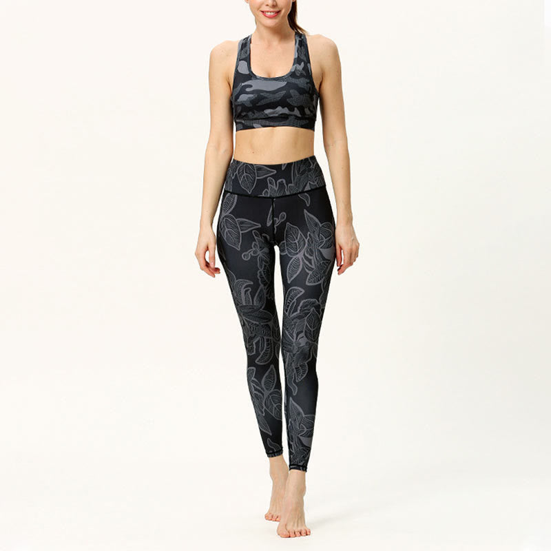 Simple Leaves Print Sports Fitness Leggings Women's Yoga Pants