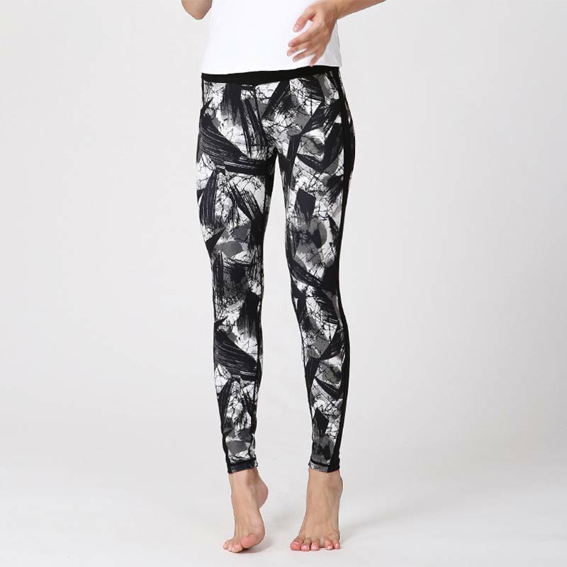 White Black Ink Brush Lines Print Sports Fitness Mesh Leggings Women's Yoga Pants
