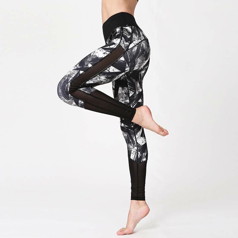 White Black Ink Brush Lines Print Sports Fitness Mesh Leggings Women's Yoga Pants