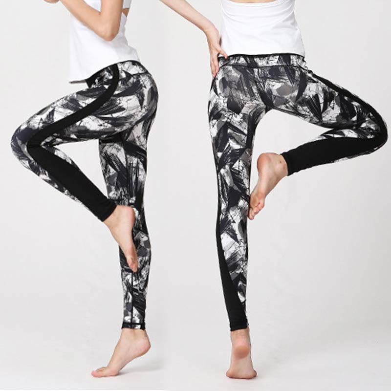 White Black Ink Brush Lines Print Sports Fitness Mesh Leggings Women's Yoga Pants