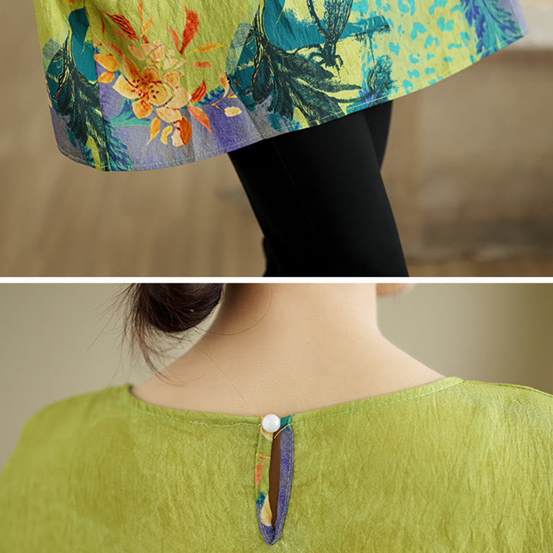 Yellow Green Flowers Three Quarter Sleeve Linen T-shirt Tee