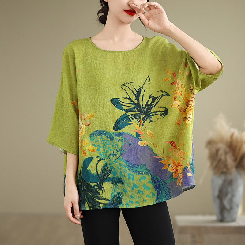 Yellow Green Flowers Three Quarter Sleeve Linen T-shirt Tee