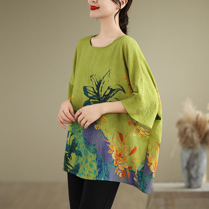 Yellow Green Flowers Three Quarter Sleeve Linen T-shirt Tee