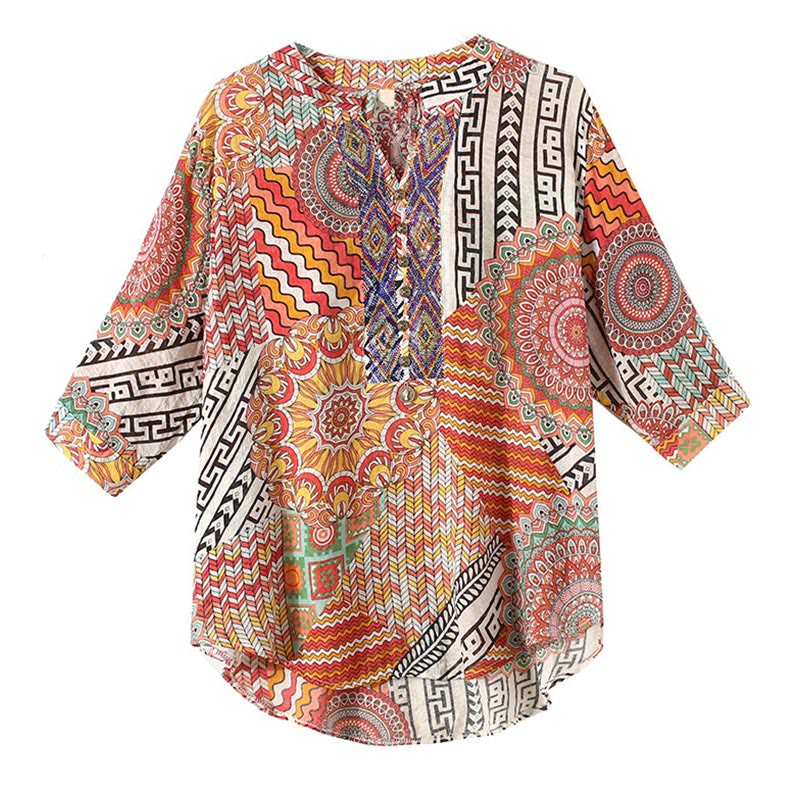 Women's Mandala Geometry Half Button Shirt