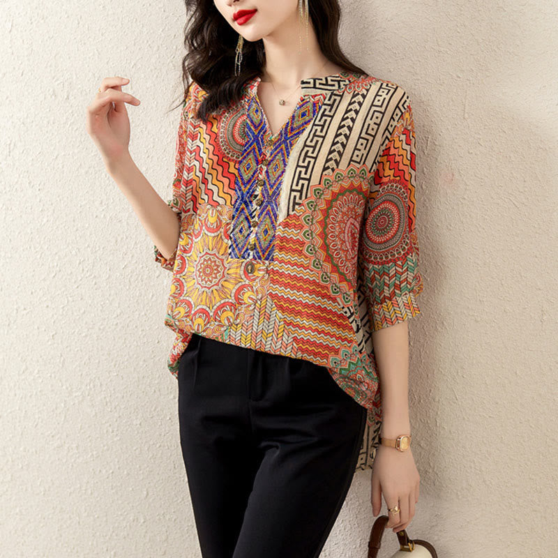 Women's Mandala Geometry Half Button Shirt