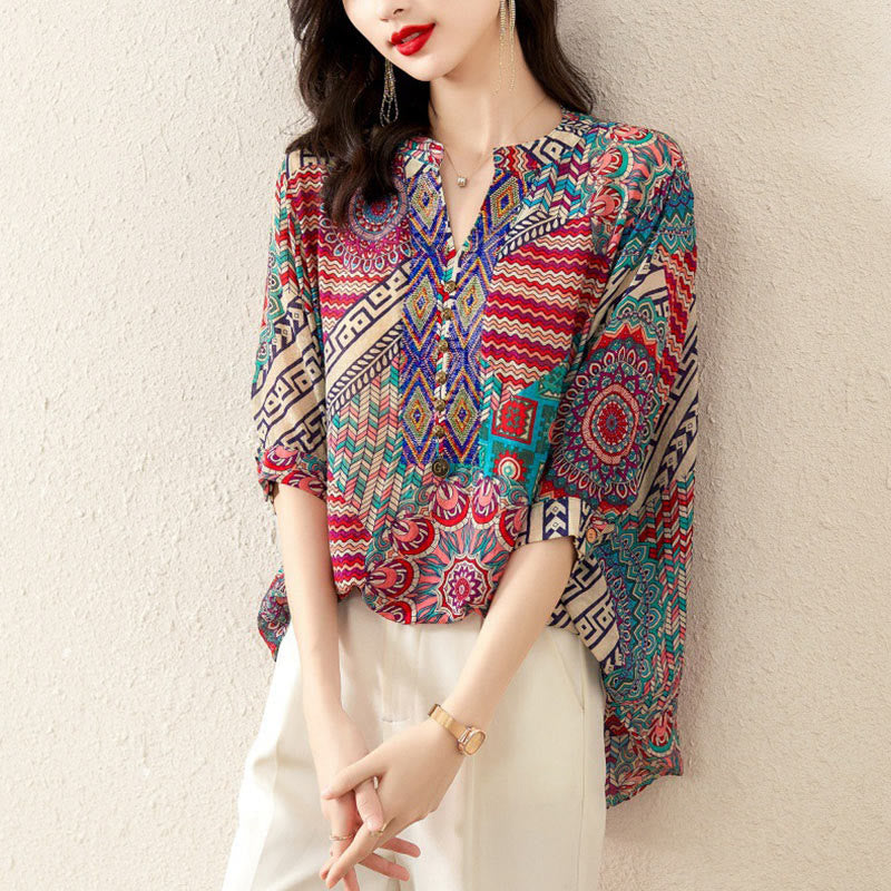 Women's Mandala Geometry Half Button Shirt