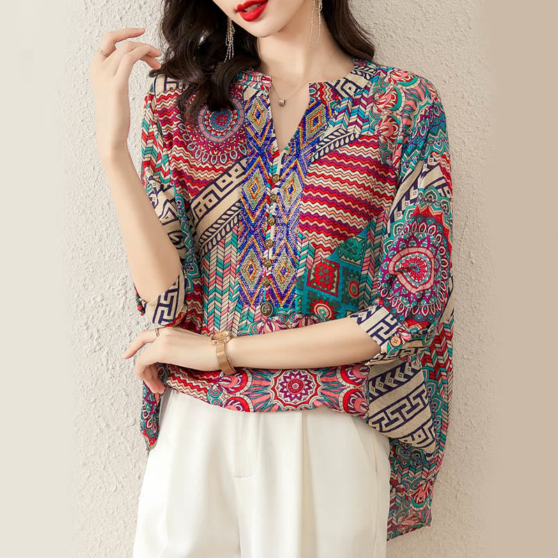 Women's Mandala Geometry Half Button Shirt