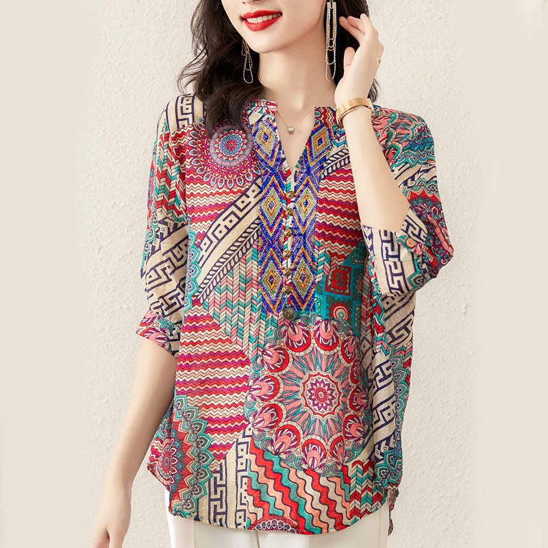 Women's Mandala Geometry Half Button Shirt