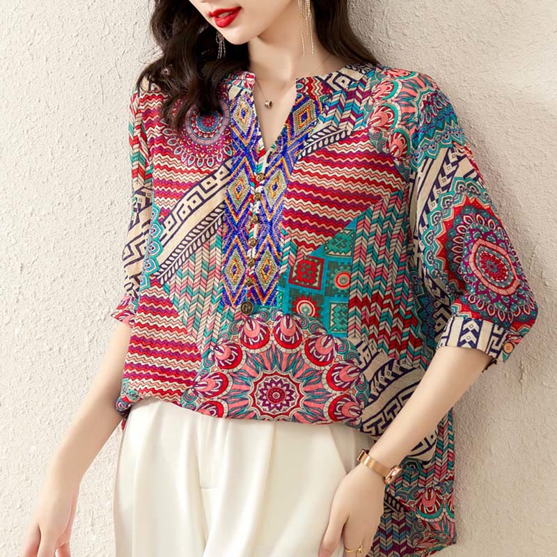 Women's Mandala Geometry Half Button Shirt