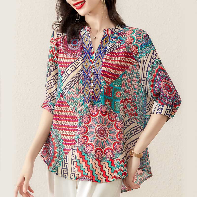 Women's Mandala Geometry Half Button Shirt