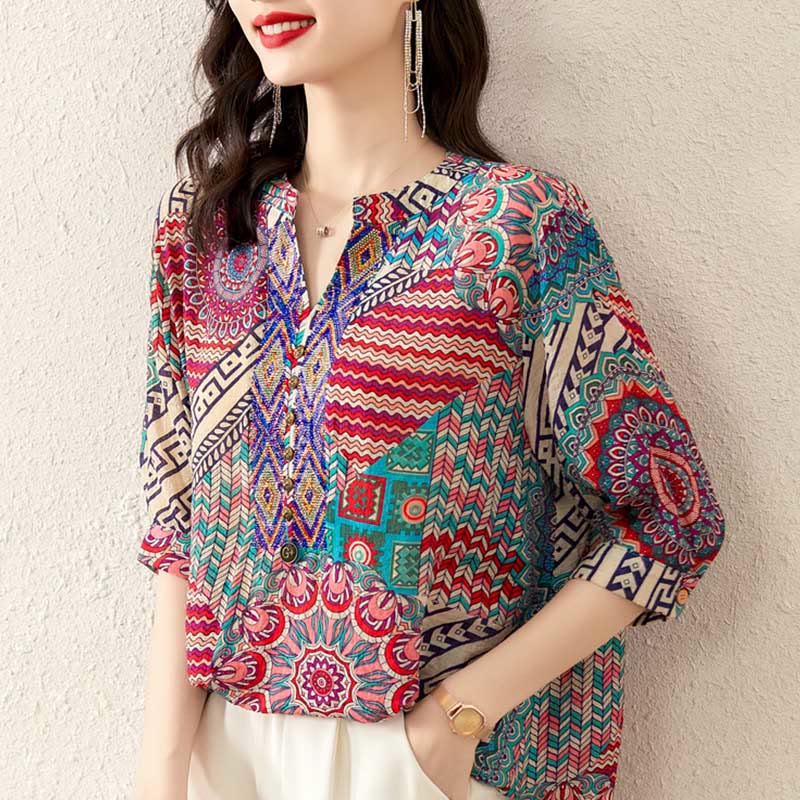 Women's Mandala Geometry Half Button Shirt