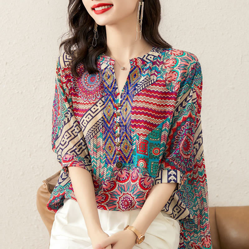 Women's Mandala Geometry Half Button Shirt