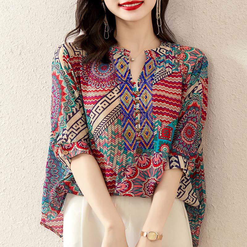 Women's Mandala Geometry Half Button Shirt