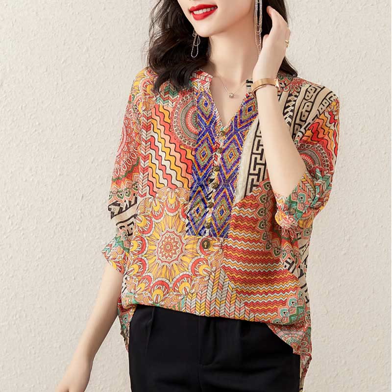 Women's Mandala Geometry Half Button Shirt