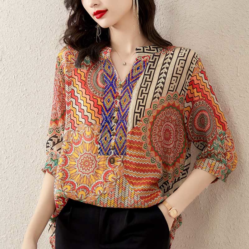 Women's Mandala Geometry Half Button Shirt