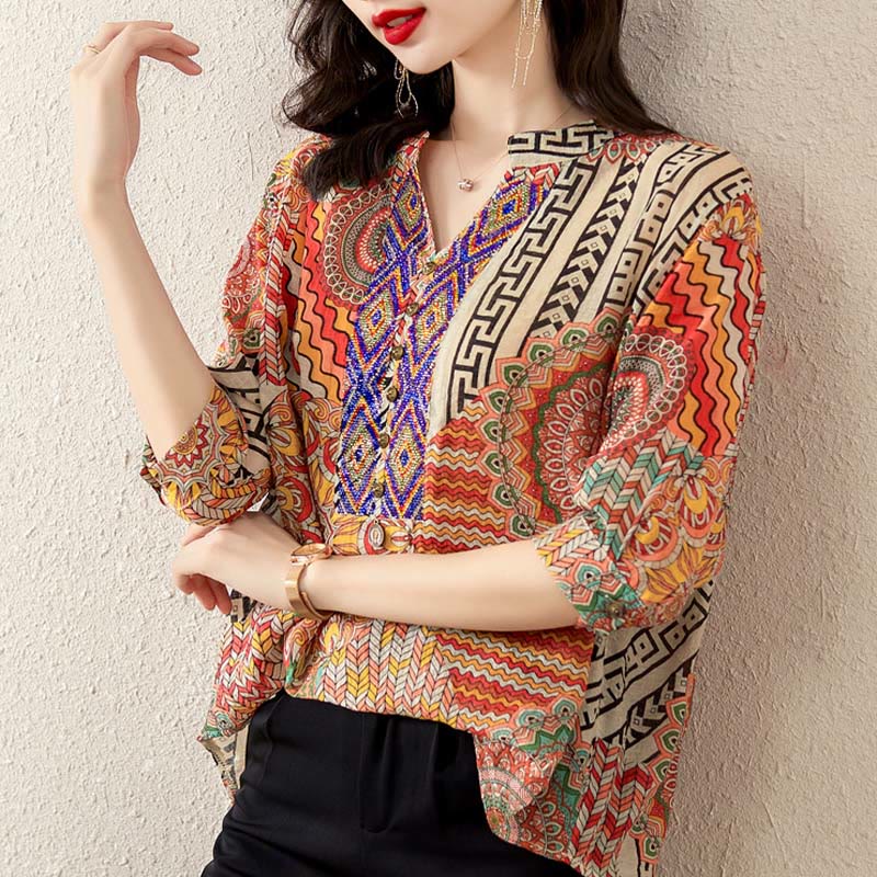 Women's Mandala Geometry Half Button Shirt
