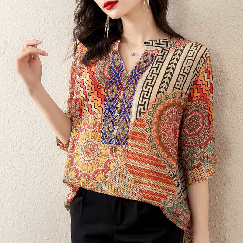 Women's Mandala Geometry Half Button Shirt