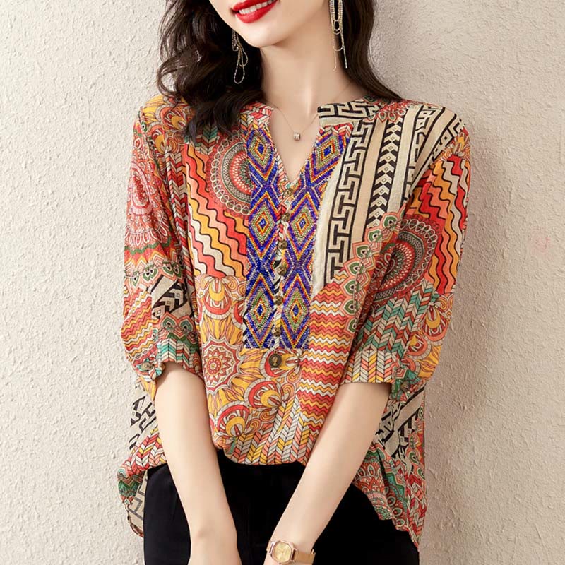 Women's Mandala Geometry Half Button Shirt