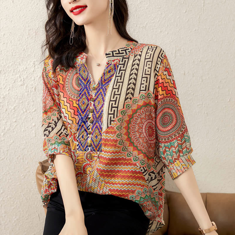 Women's Mandala Geometry Half Button Shirt