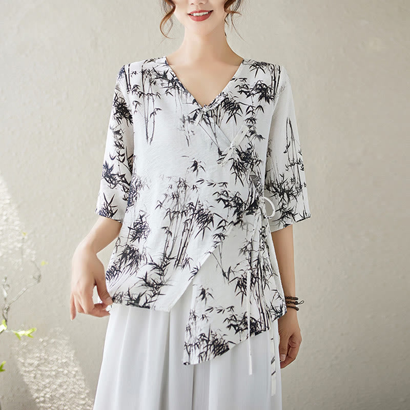 Ink Bamboo Leaves Print V-Neck Lace-up Frog-Button Shirt T-shirt Tee
