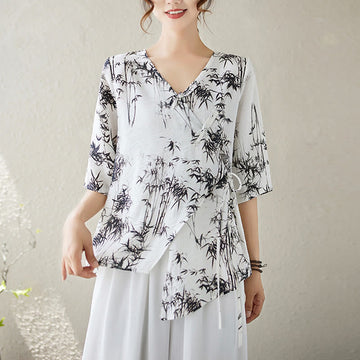 Ink Bamboo Leaves Print V-Neck Lace-up Frog-Button Shirt T-shirt Tee