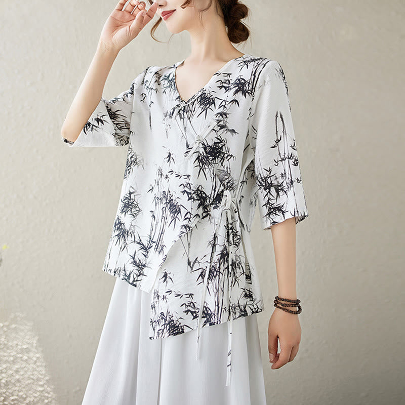 Ink Bamboo Leaves Print V-Neck Lace-up Frog-Button Shirt T-shirt Tee