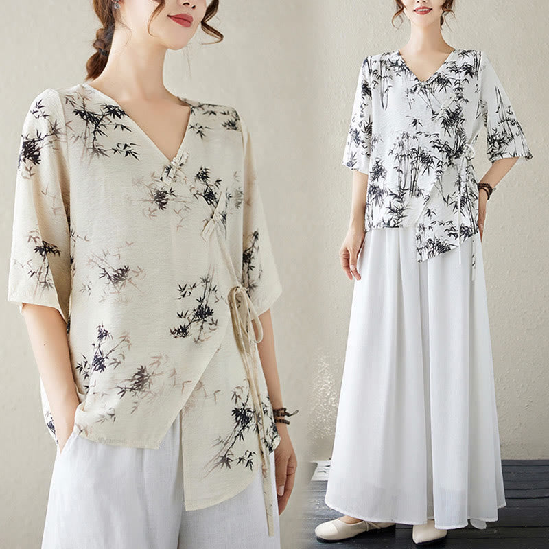Ink Bamboo Leaves Print V-Neck Lace-up Frog-Button Shirt T-shirt Tee