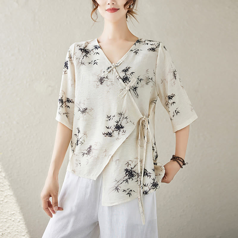 Ink Bamboo Leaves Print V-Neck Lace-up Frog-Button Shirt T-shirt Tee