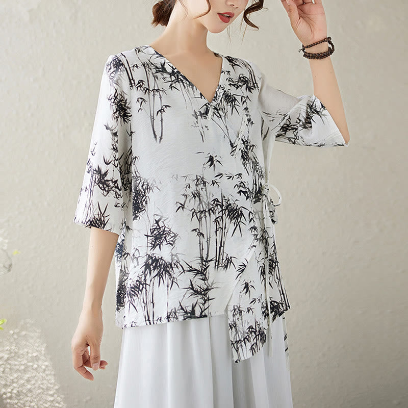 Ink Bamboo Leaves Print V-Neck Lace-up Frog-Button Shirt T-shirt Tee