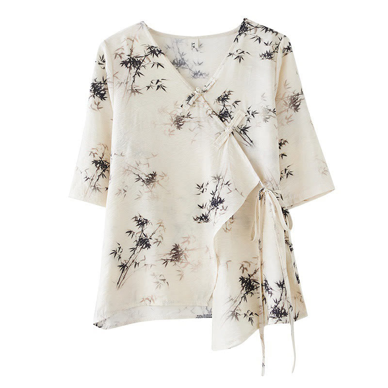Ink Bamboo Leaves Print V-Neck Lace-up Frog-Button Shirt T-shirt Tee