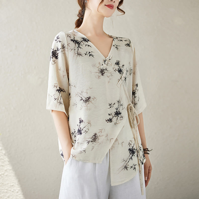 Ink Bamboo Leaves Print V-Neck Lace-up Frog-Button Shirt T-shirt Tee