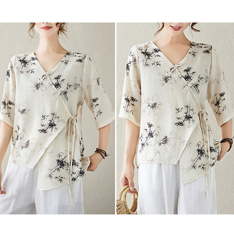 Ink Bamboo Leaves Print V-Neck Lace-up Frog-Button Shirt T-shirt Tee