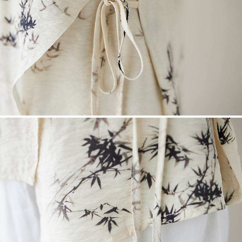 Ink Bamboo Leaves Print V-Neck Lace-up Frog-Button Shirt T-shirt Tee