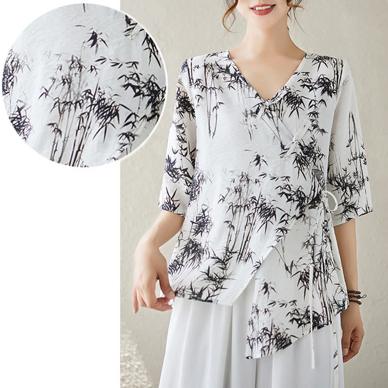 Ink Bamboo Leaves Print V-Neck Lace-up Frog-Button Shirt T-shirt Tee