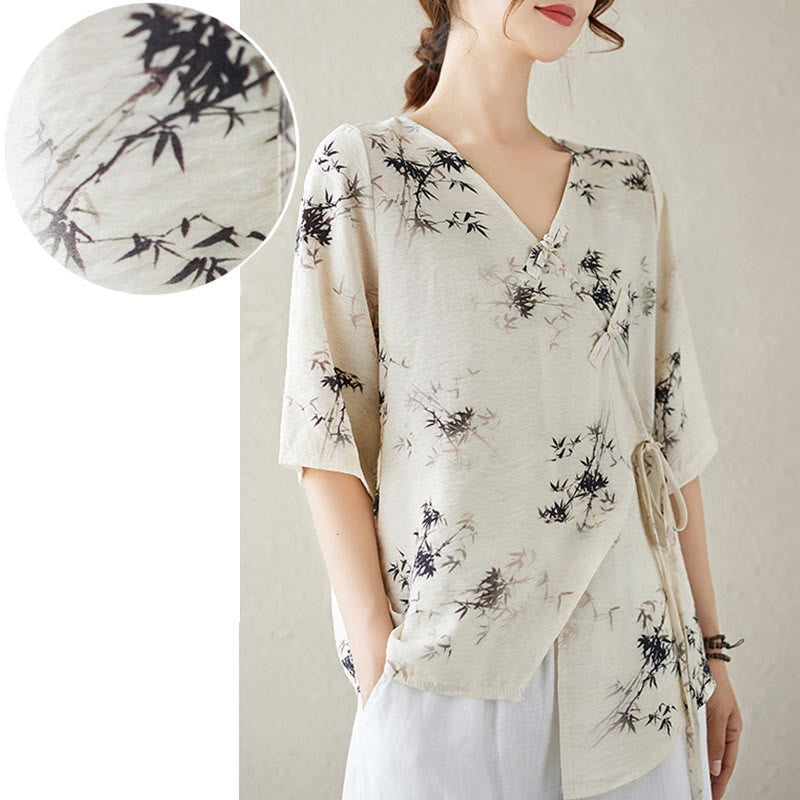 Ink Bamboo Leaves Print V-Neck Lace-up Frog-Button Shirt T-shirt Tee