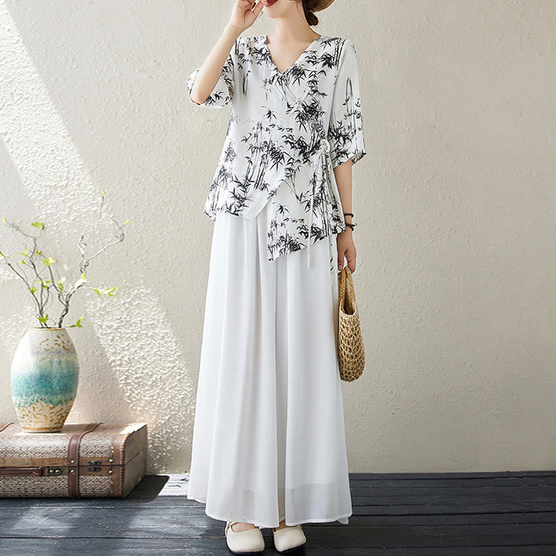 Ink Bamboo Leaves Print V-Neck Lace-up Frog-Button Shirt T-shirt Tee