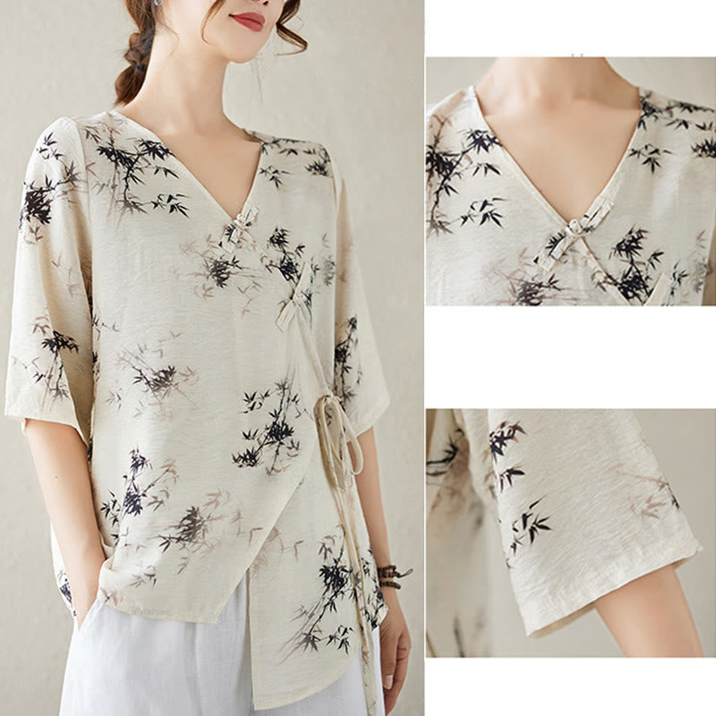Ink Bamboo Leaves Print V-Neck Lace-up Frog-Button Shirt T-shirt Tee