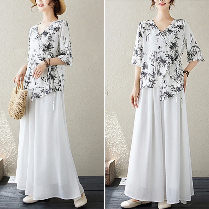 Ink Bamboo Leaves Print V-Neck Lace-up Frog-Button Shirt T-shirt Tee