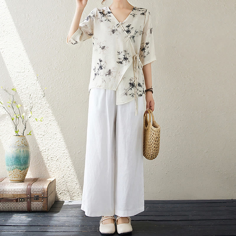 Ink Bamboo Leaves Print V-Neck Lace-up Frog-Button Shirt T-shirt Tee