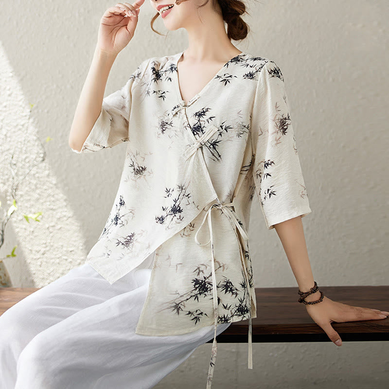 Ink Bamboo Leaves Print V-Neck Lace-up Frog-Button Shirt T-shirt Tee