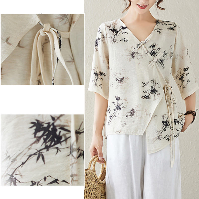 Ink Bamboo Leaves Print V-Neck Lace-up Frog-Button Shirt T-shirt Tee