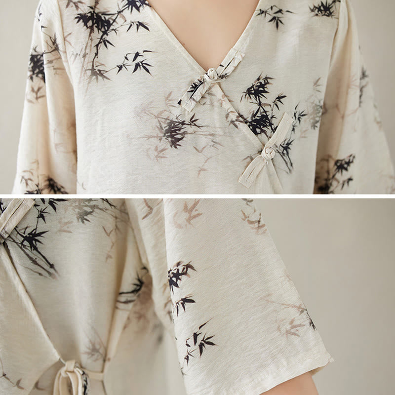 Ink Bamboo Leaves Print V-Neck Lace-up Frog-Button Shirt T-shirt Tee