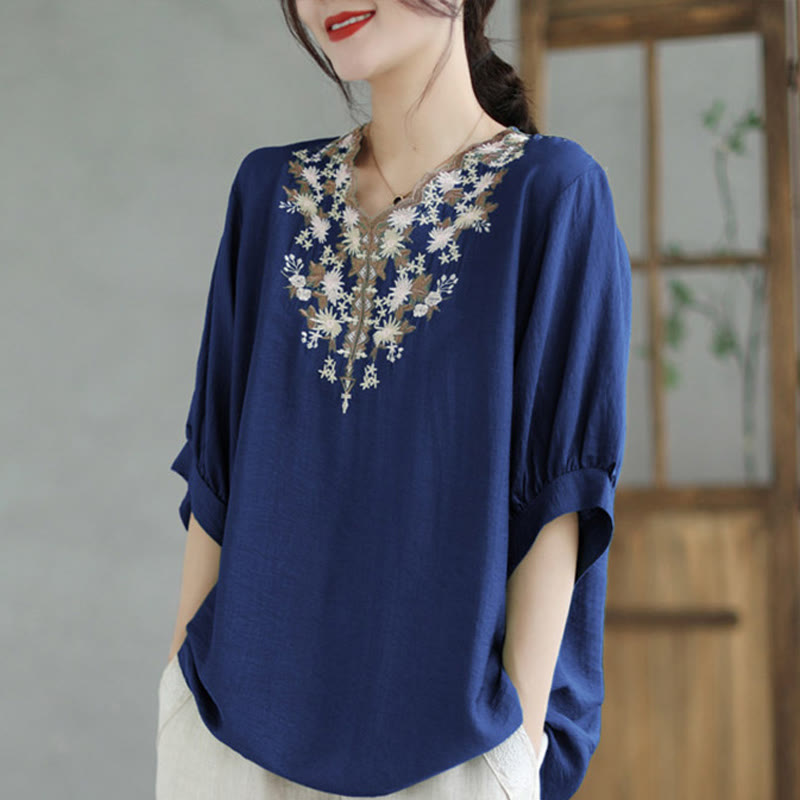 Small Floral Embroidery V-Neck Half Sleeve Cotton Linen T-shirt Tee